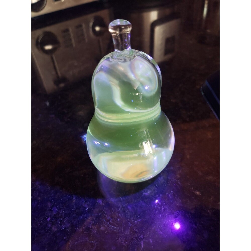 Vintage Clear Glass Pear Shaped w/ Leaf Paperweight 4" Yellowish Under UV Light